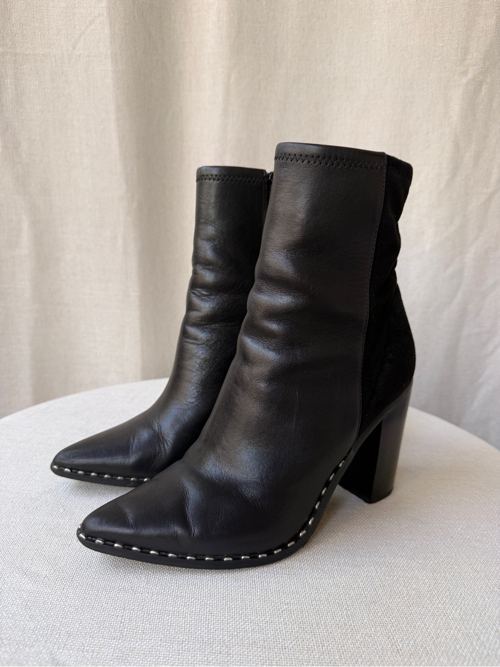 ASOS Black Pointed Leather Ankle Boots with Stud-Trim Block Heel